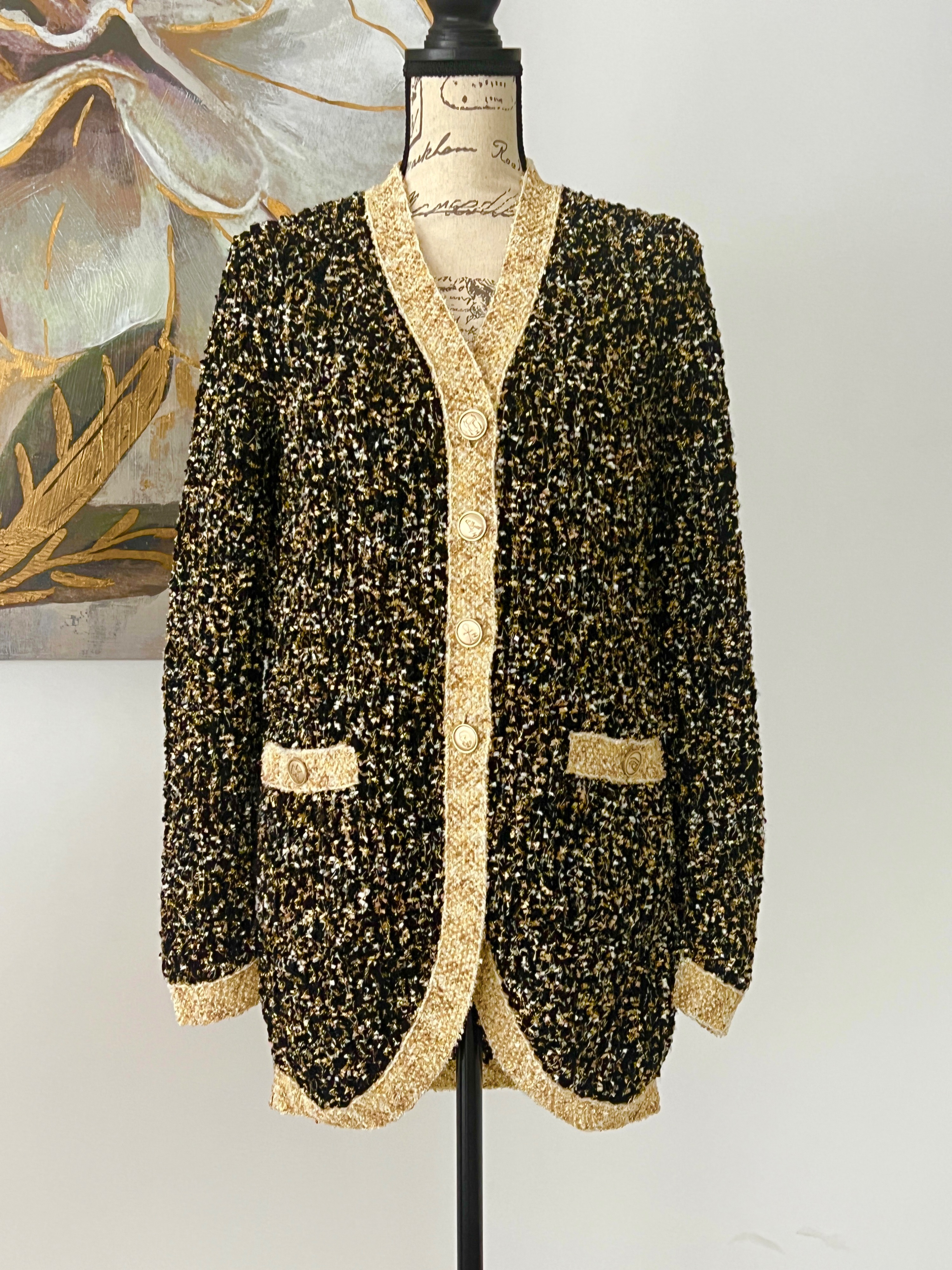 Chanel Black and Gold Lesage Tweed Cardigan Size M