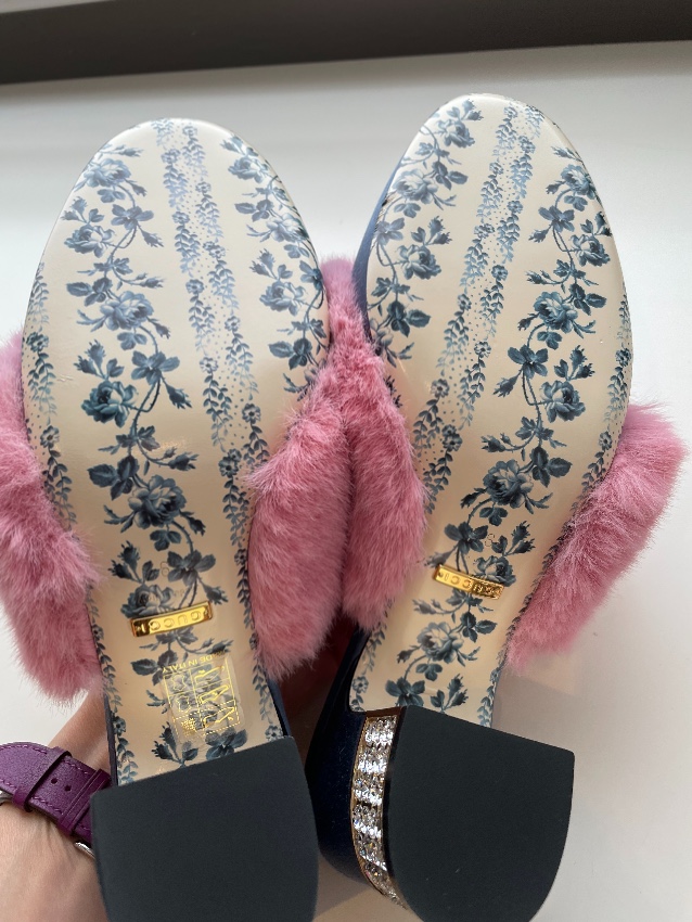 Gucci Blue  Pink Mink Candy Mules 75 Size 395