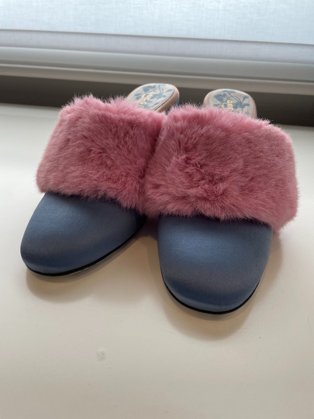 Gucci Blue  Pink Mink Candy Mules 75 Size 395