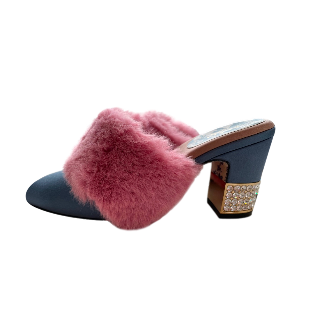 Gucci Blue  Pink Mink Candy Mules 75 Size 395