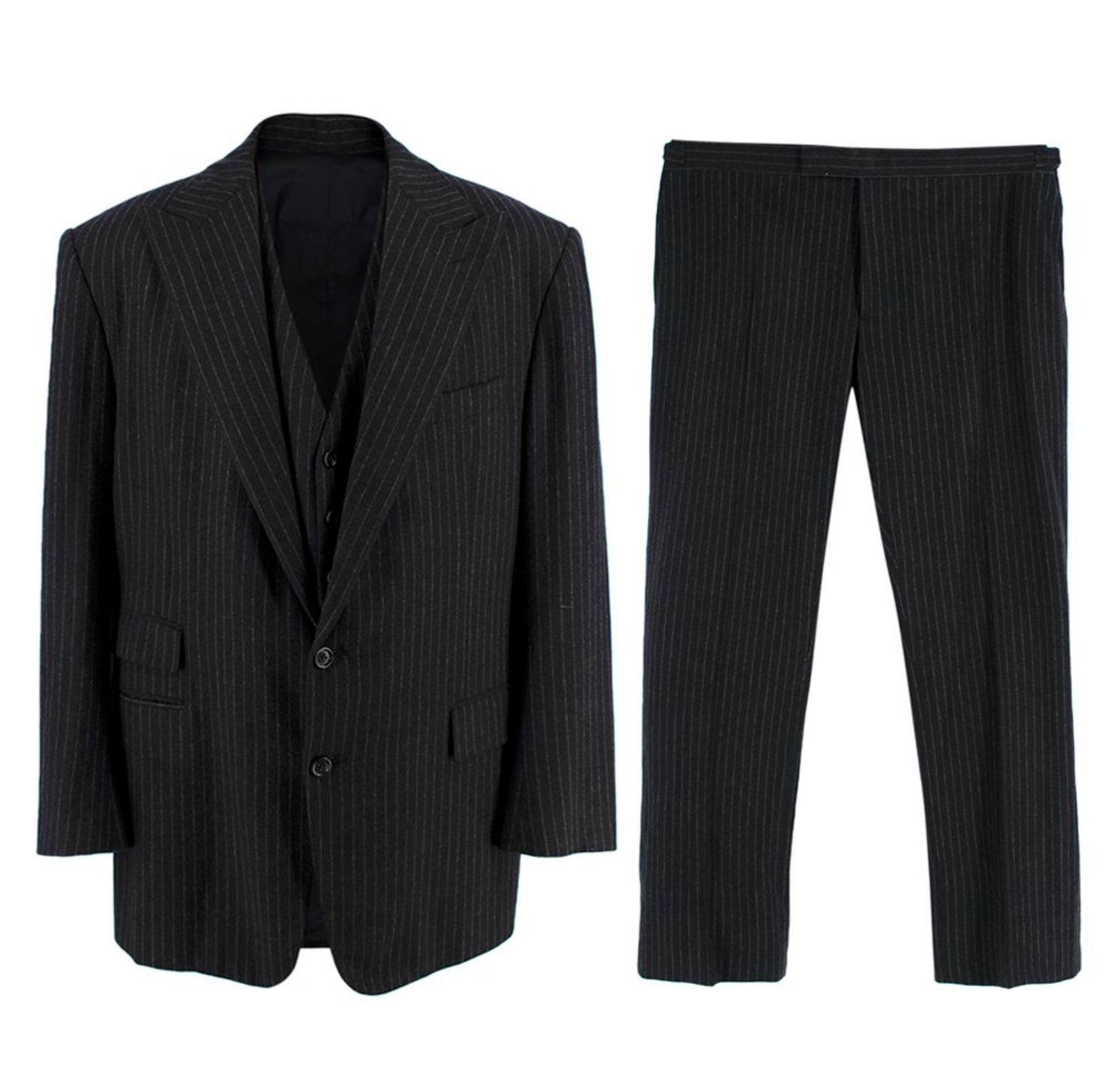 Men's Preowned Ralph Lauren Collection Pinstripe Wool 3 Piece Suit Size XXL Black and Grey