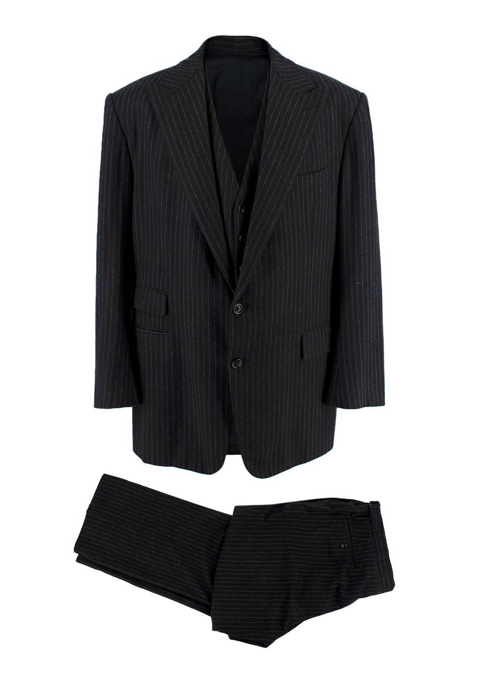 Men's Preowned Ralph Lauren Collection Pinstripe Wool 3 Piece Suit Size XXL Black and Grey