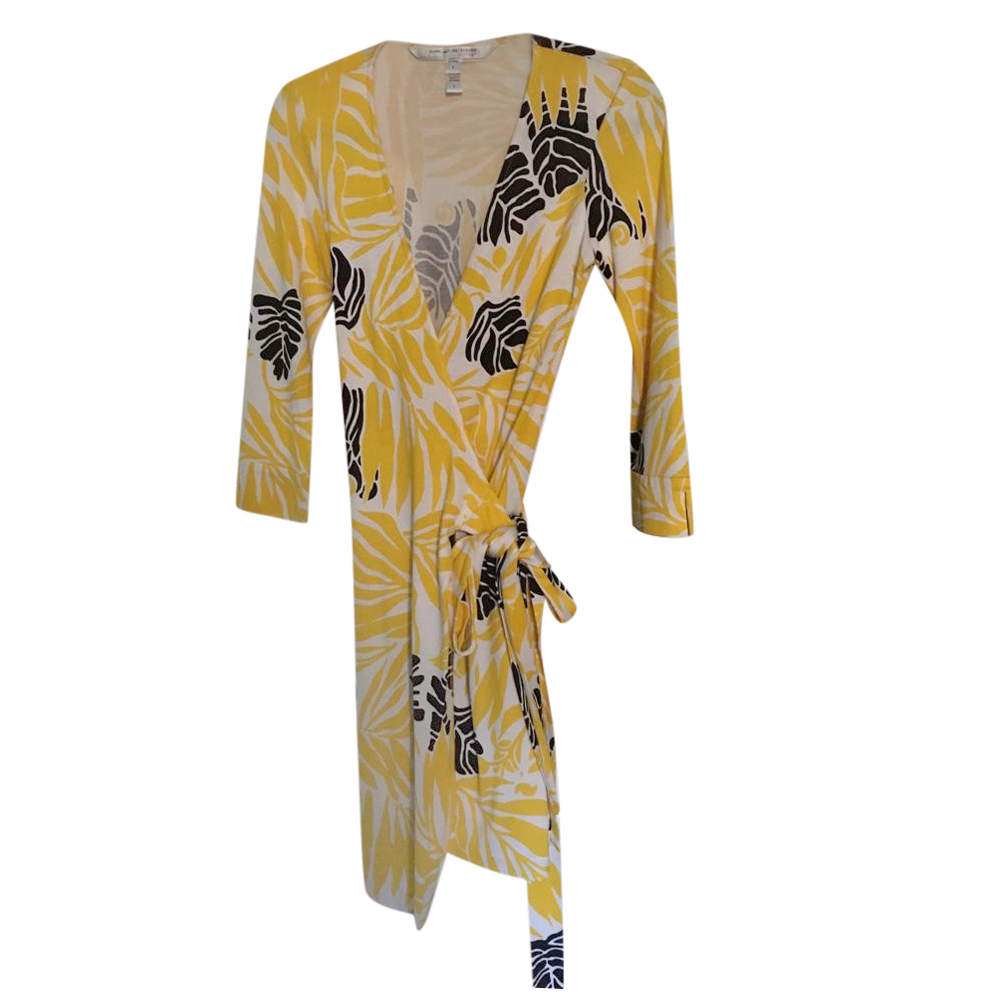 Preowned DVF Yellow Silk Floral Wrap Dress Size S