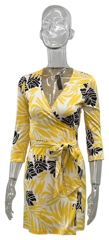 Preowned DVF Yellow Silk Floral Wrap Dress Size S