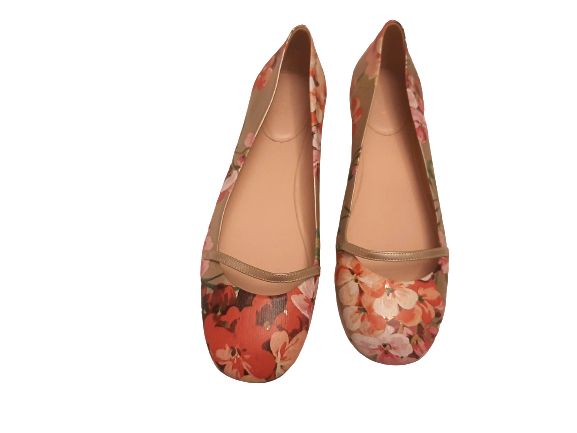 Gucci Peach Blooms Printed Leather Flat Pumps Size 39 multi color