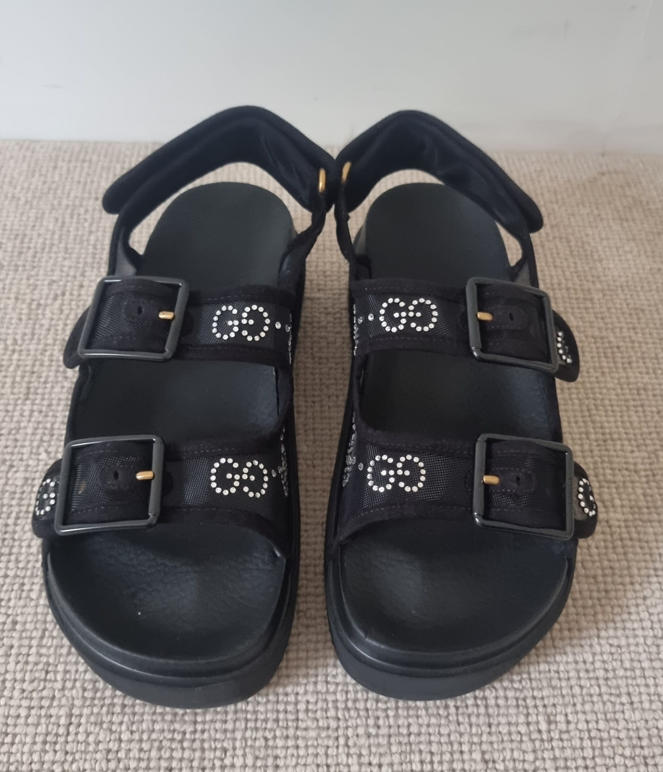 Gucci Black Crystal Embellished Dad Sandals Size 38 mesh/suede