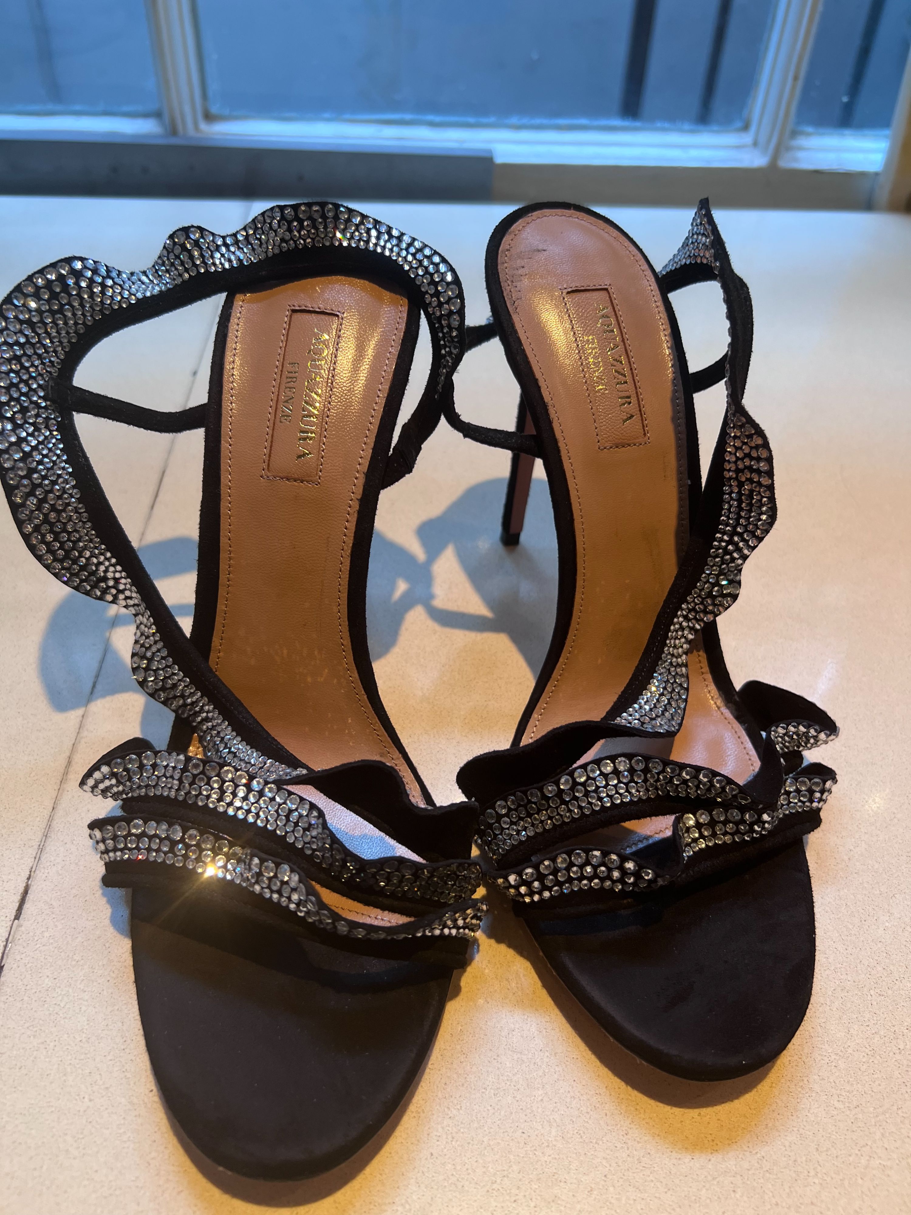 Aquazzura Ruffle 105 Crystal Embellished Black Suede Sandals Size 395 leather/diamonte