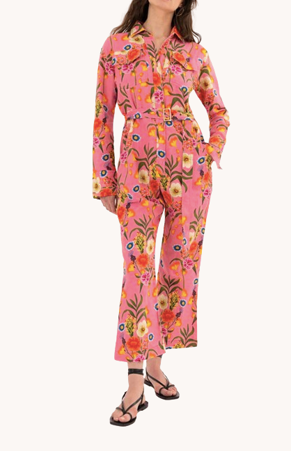 Borgo De Nor Pink Floral Linen Remi Jumpsuit Size S