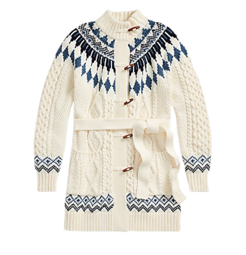 Ralph Lauren White Fair Isle Belted Cardigan Size M Cream cotton/wool blend