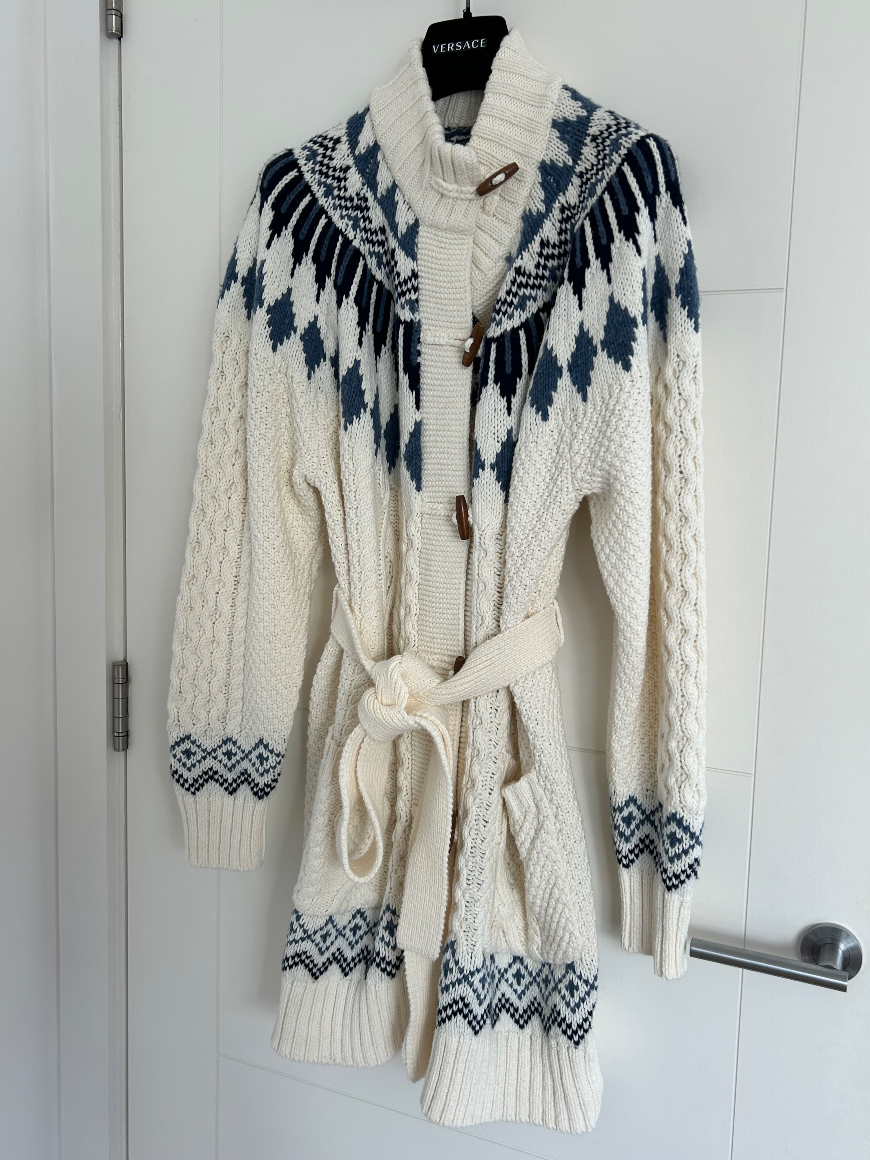 Ralph Lauren White Fair Isle Belted Cardigan Size M Cream cotton/wool blend