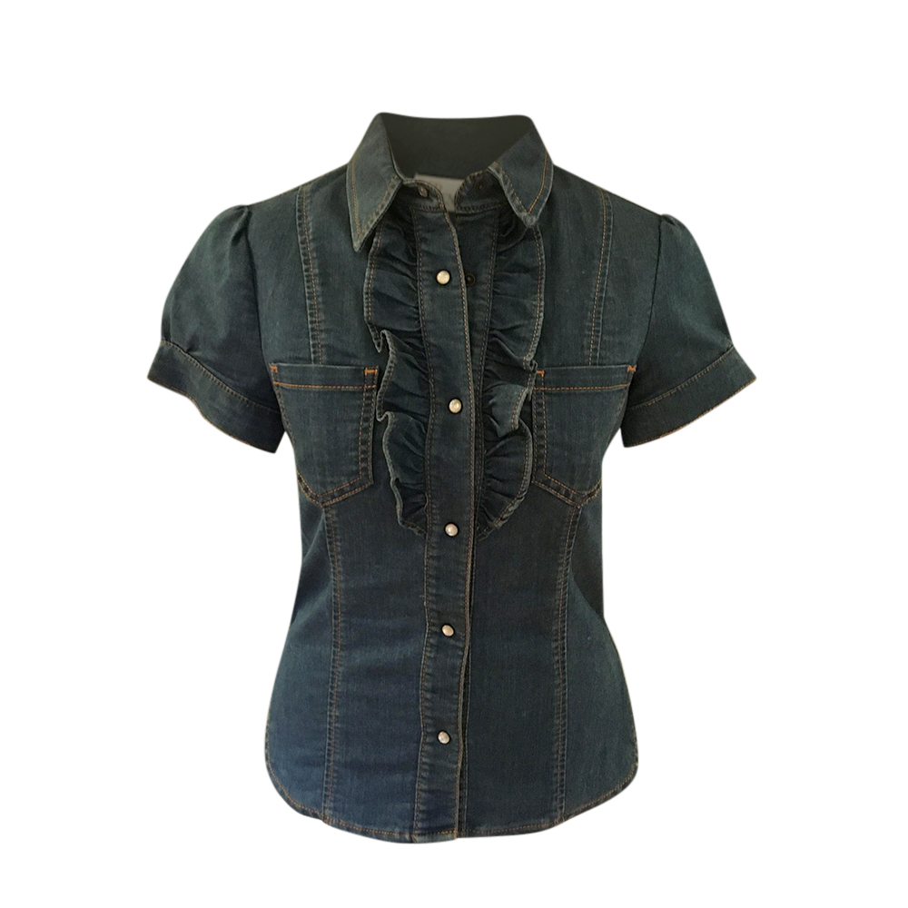 Preowned REDValentino Denim Ruffled Short Sleeve Shirt Size XS Blue