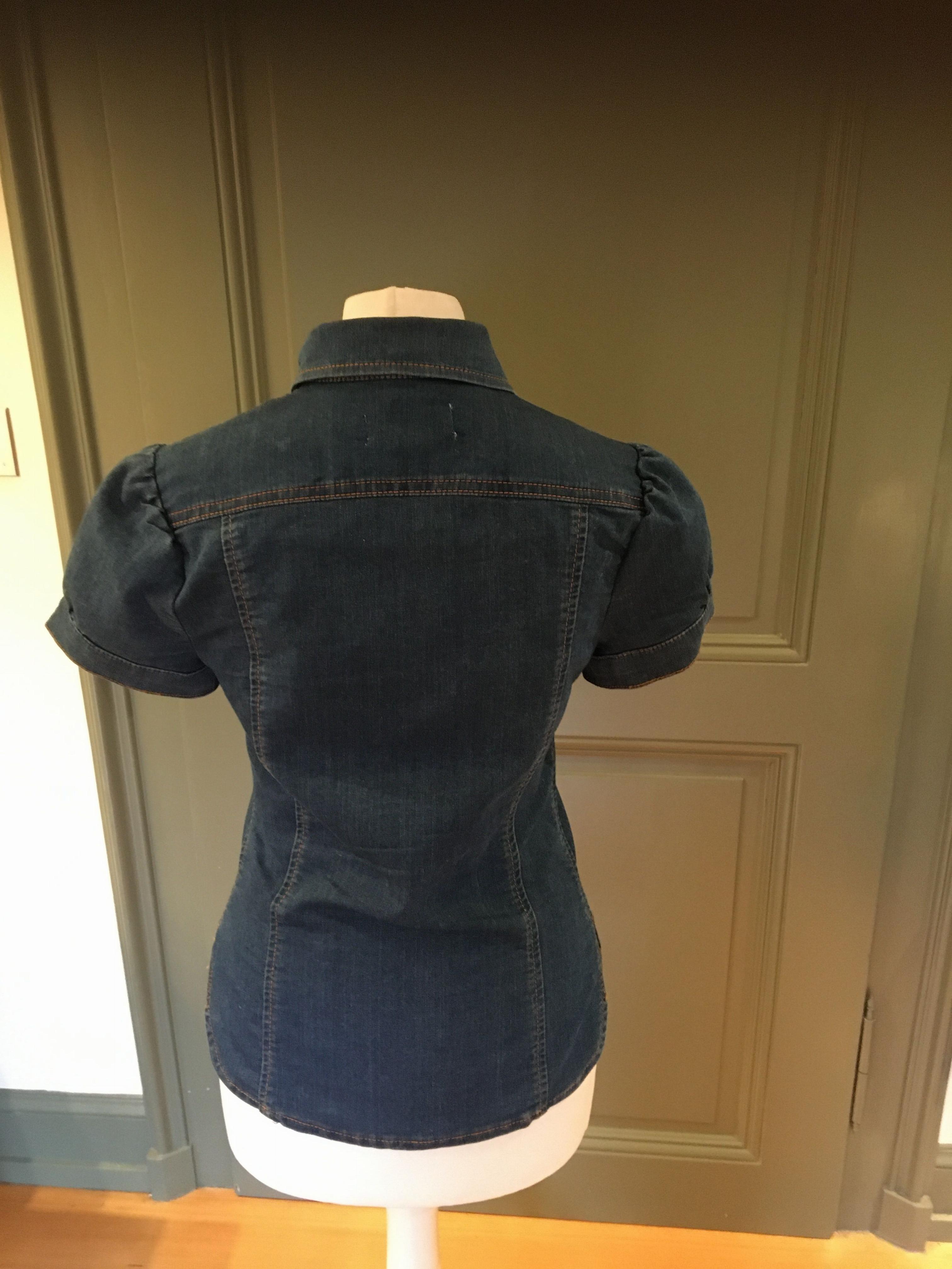 Preowned REDValentino Denim Ruffled Short Sleeve Shirt Size XS Blue