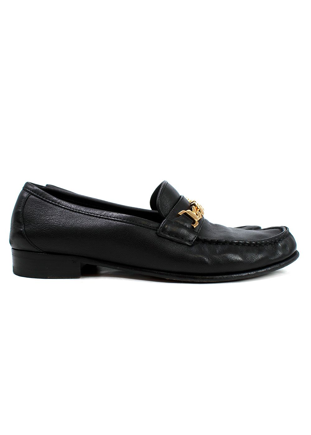 Preowned Gucci Black Leather Sylvie Chain Loafers Size 38