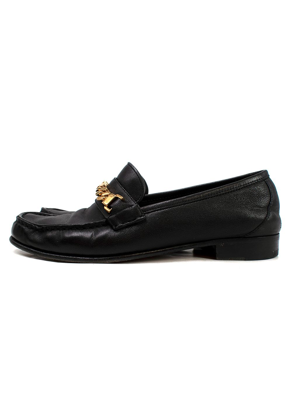 Preowned Gucci Black Leather Sylvie Chain Loafers Size 38