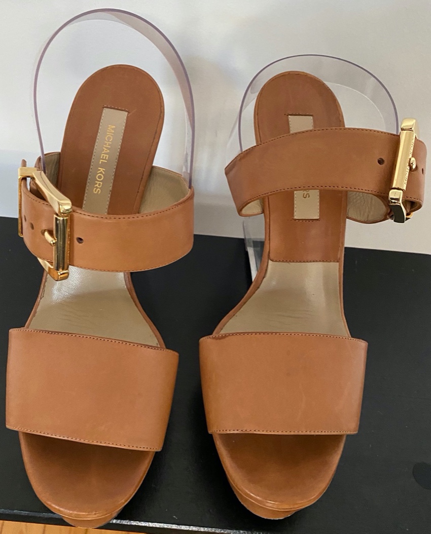 Preowned Michael Kors Brown Carmela Clear Heel Wedge Size 395 Orange leather