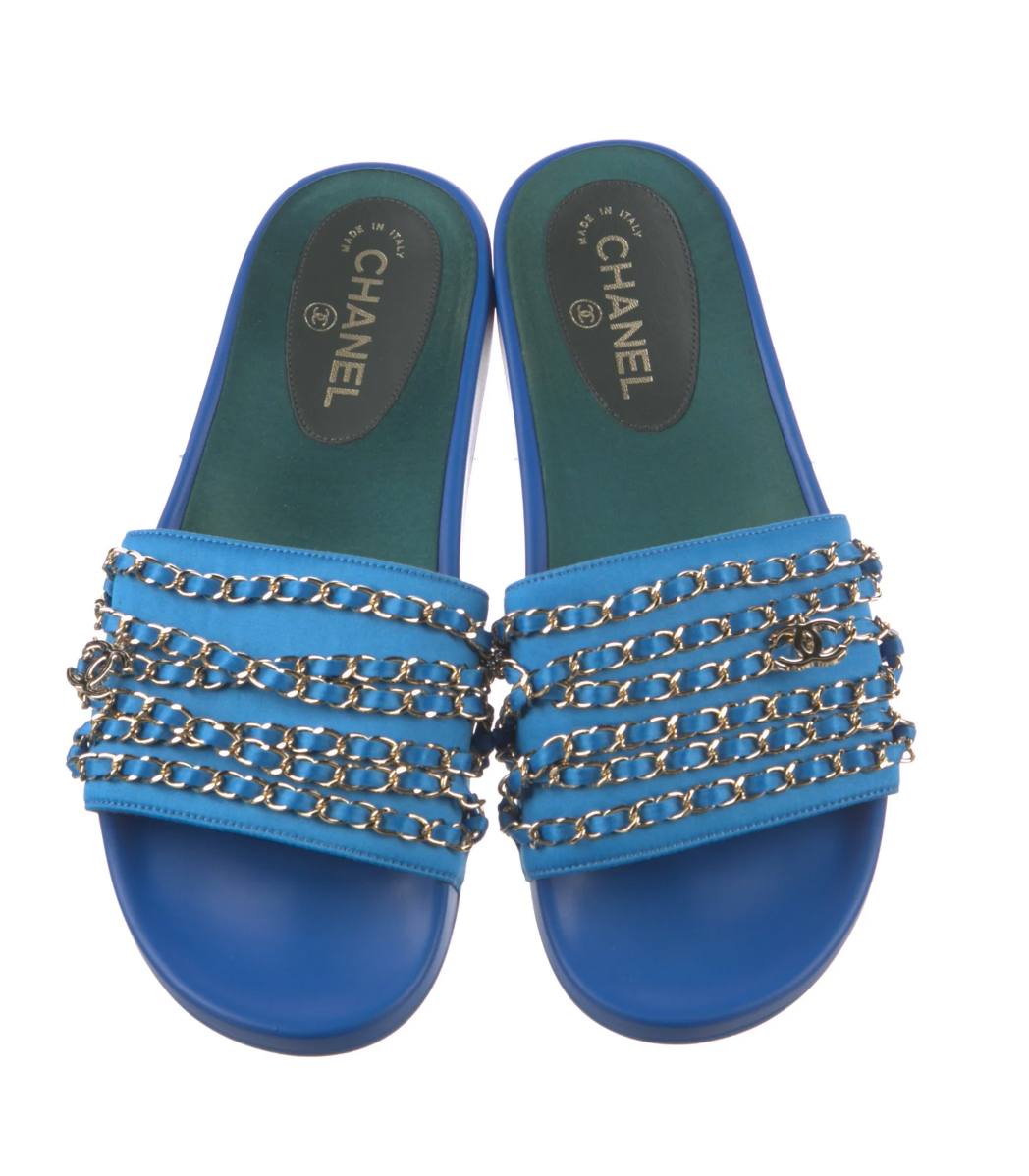 Chanel Blue Tropiconic Chain Slides Size 40 silk/rubber