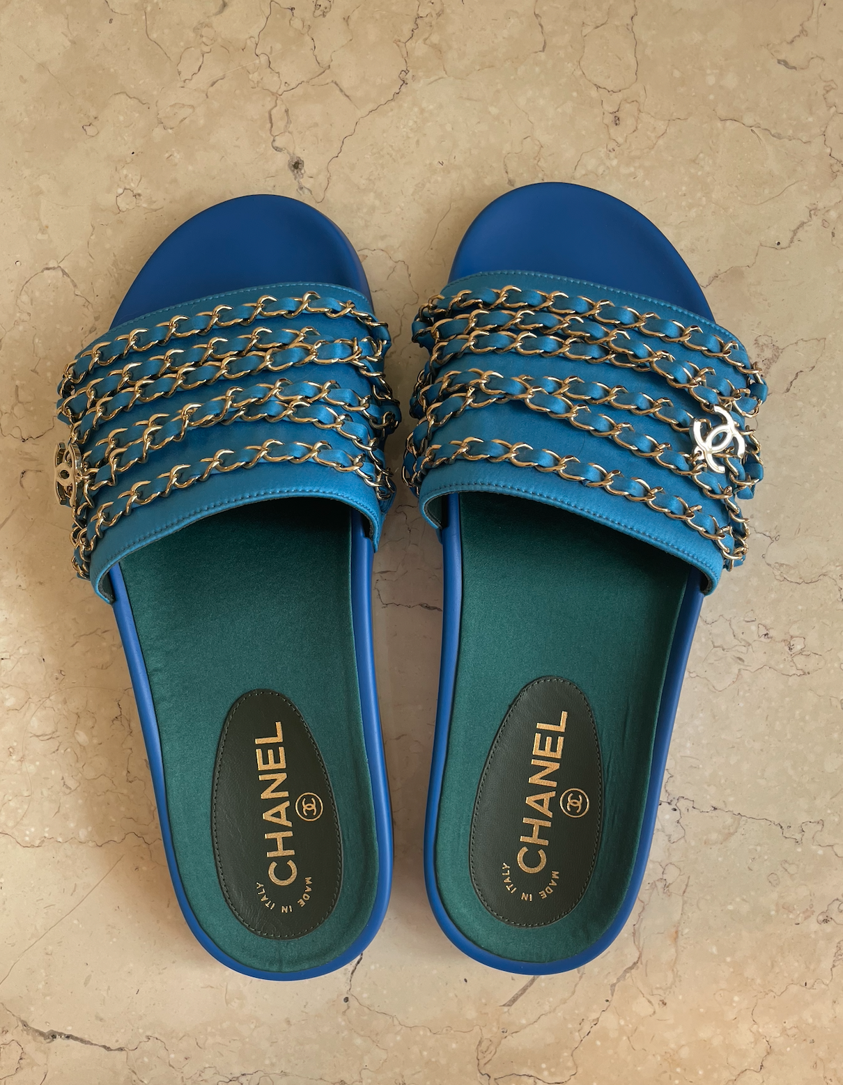 Chanel Blue Tropiconic Chain Slides Size 40 silk/rubber