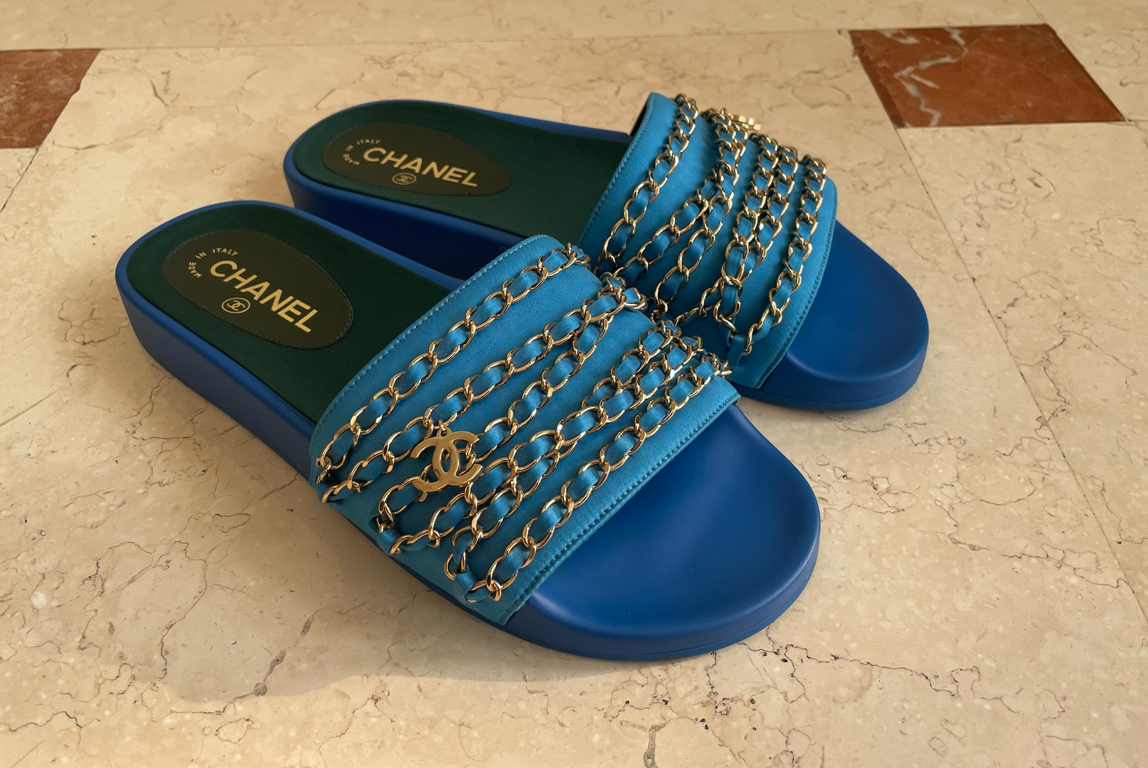 Chanel Blue Tropiconic Chain Slides Size 40 silk/rubber