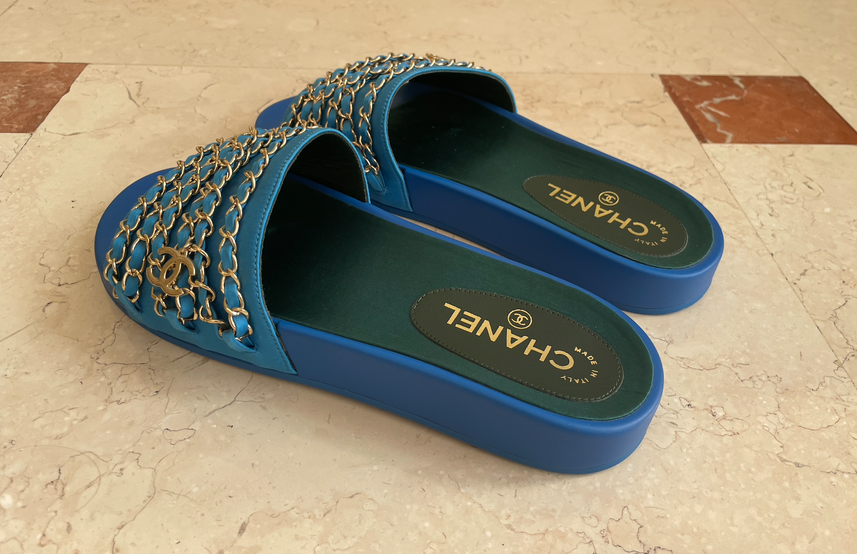 Chanel Blue Tropiconic Chain Slides Size 40 silk/rubber