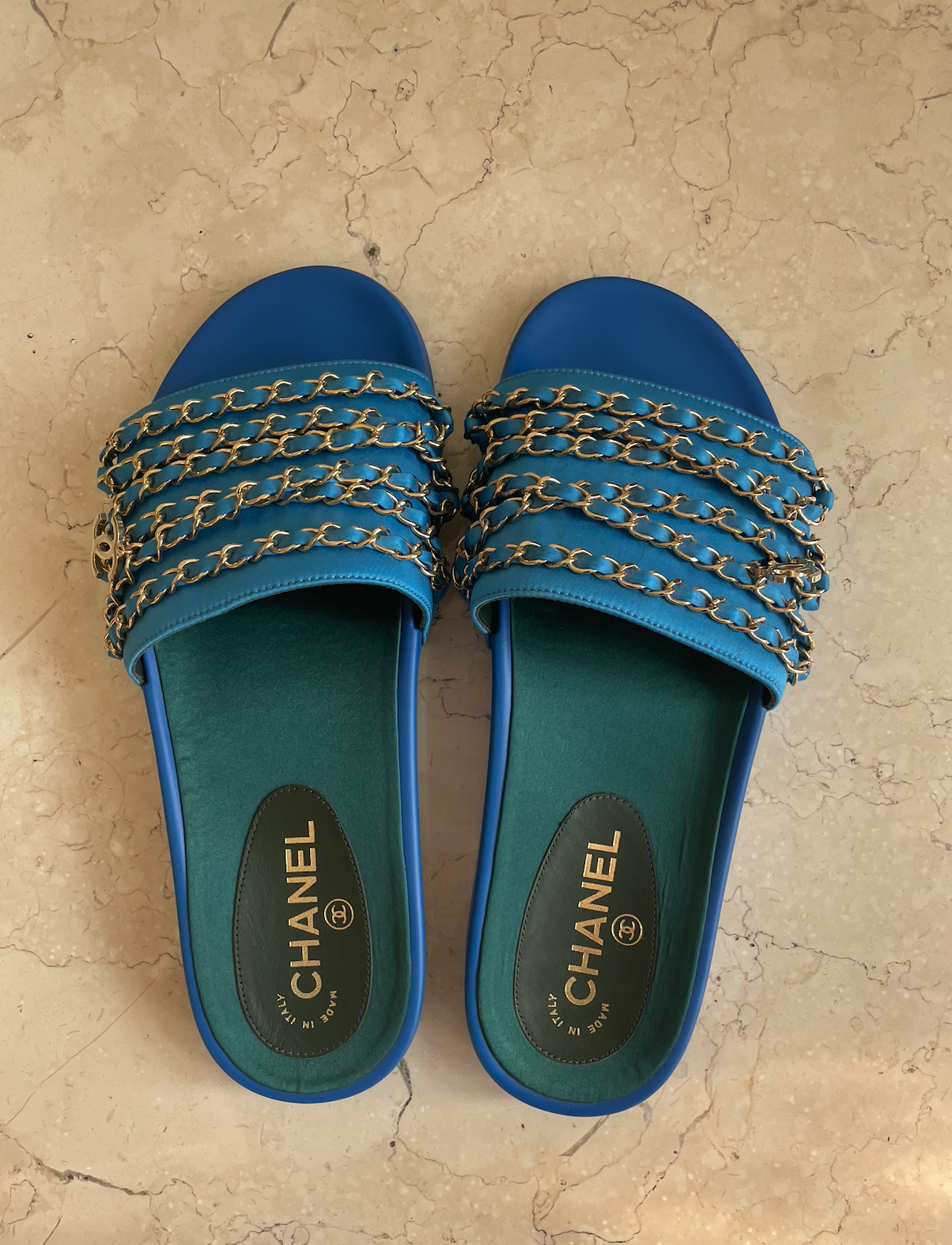 Chanel Blue Tropiconic Chain Slides Size 40 silk/rubber