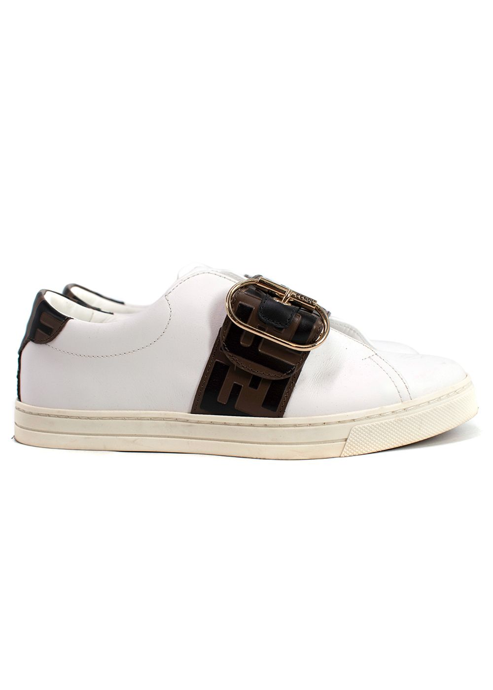 Preowned Fendi Vitello FF Embossed Womens Slip On Sneakers Size 355 White and Tan leather