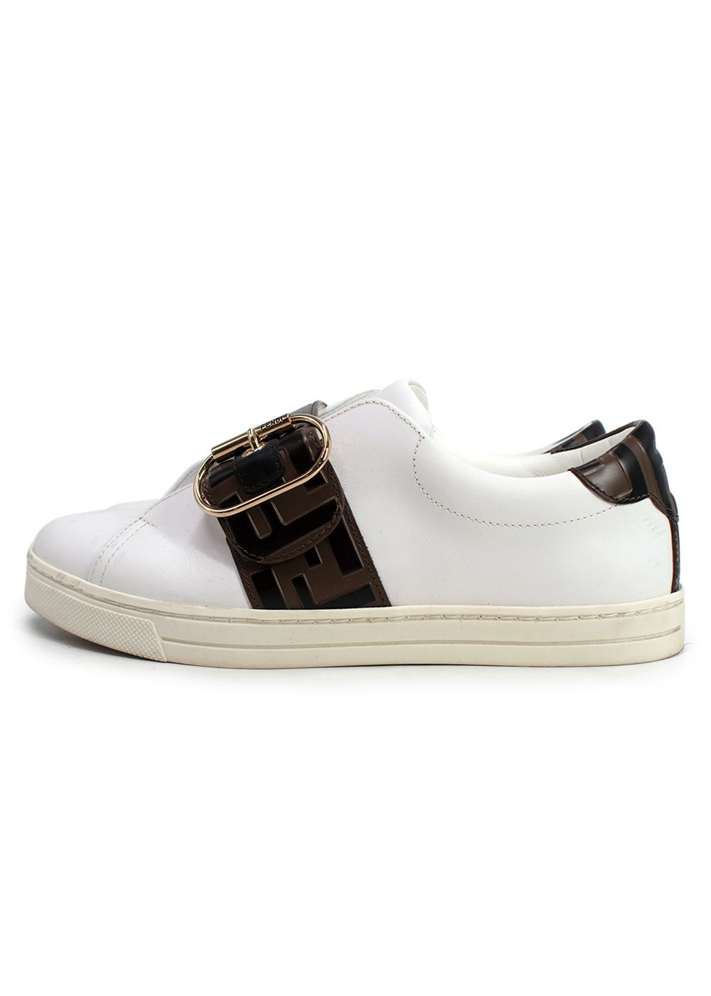 Preowned Fendi Vitello FF Embossed Womens Slip On Sneakers Size 355 White and Tan leather