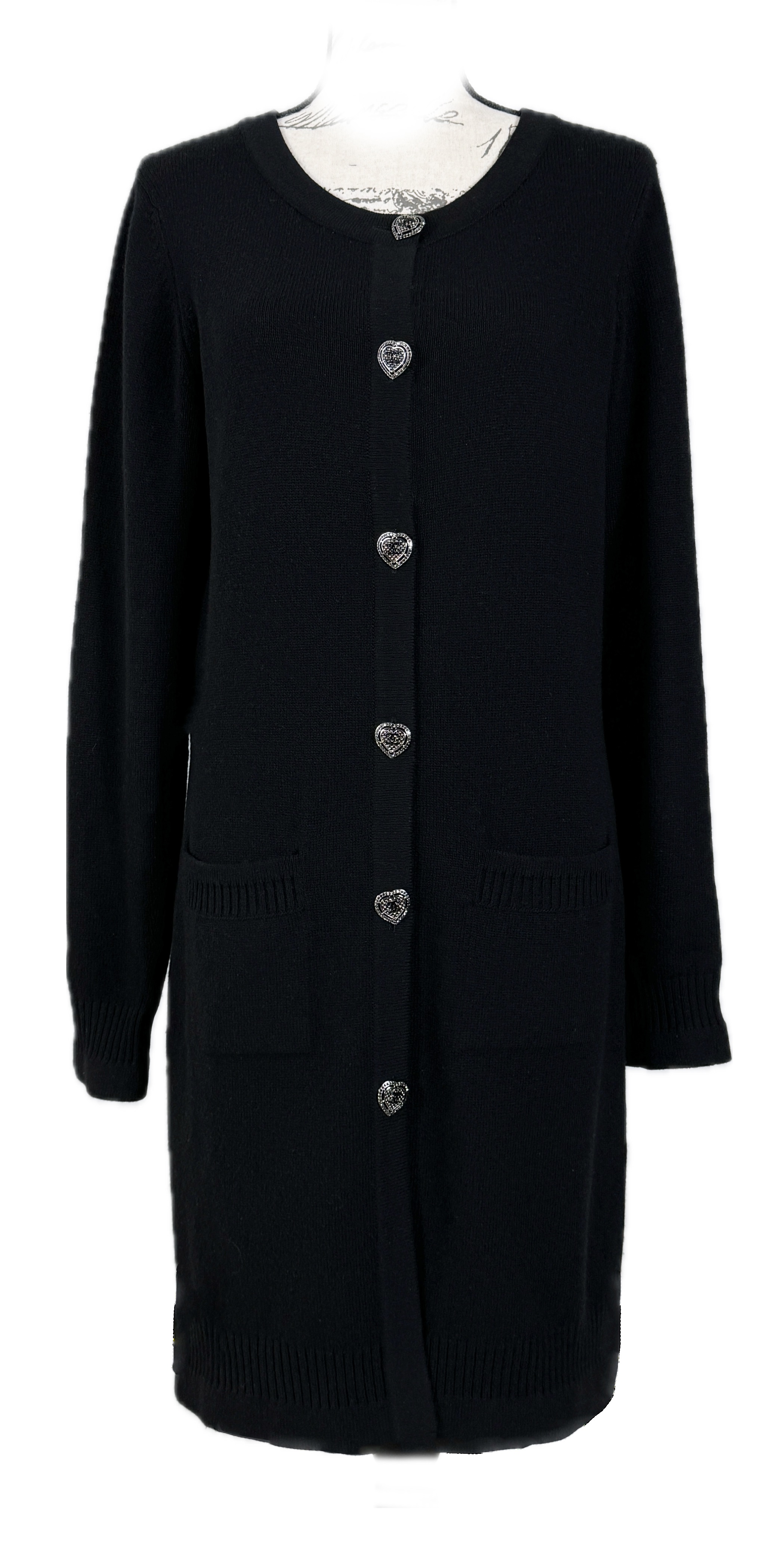 Chanel Black Cashmere Cardigan with Heart Button Detail Size M