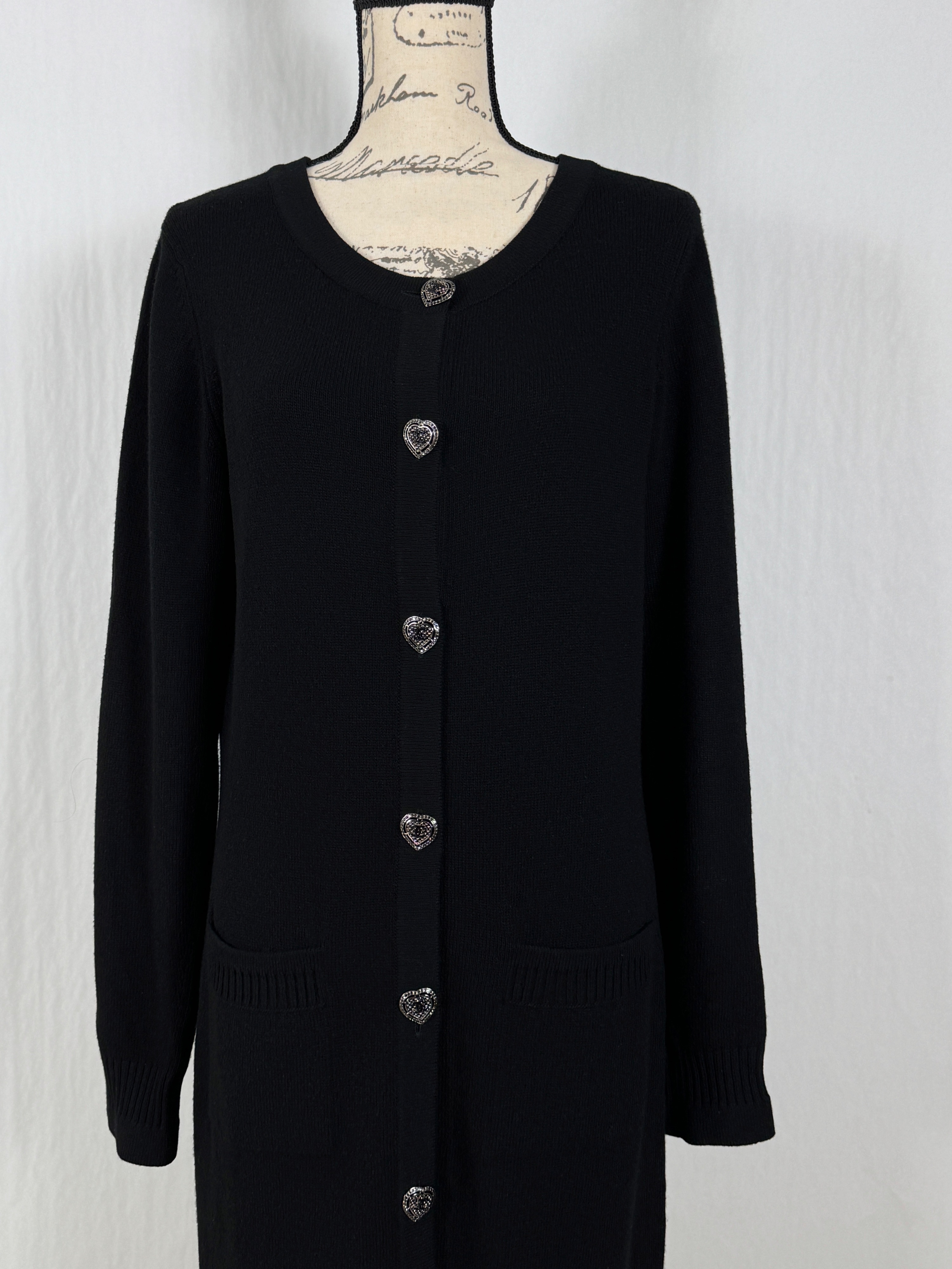 Chanel Black Cashmere Cardigan with Heart Button Detail Size M