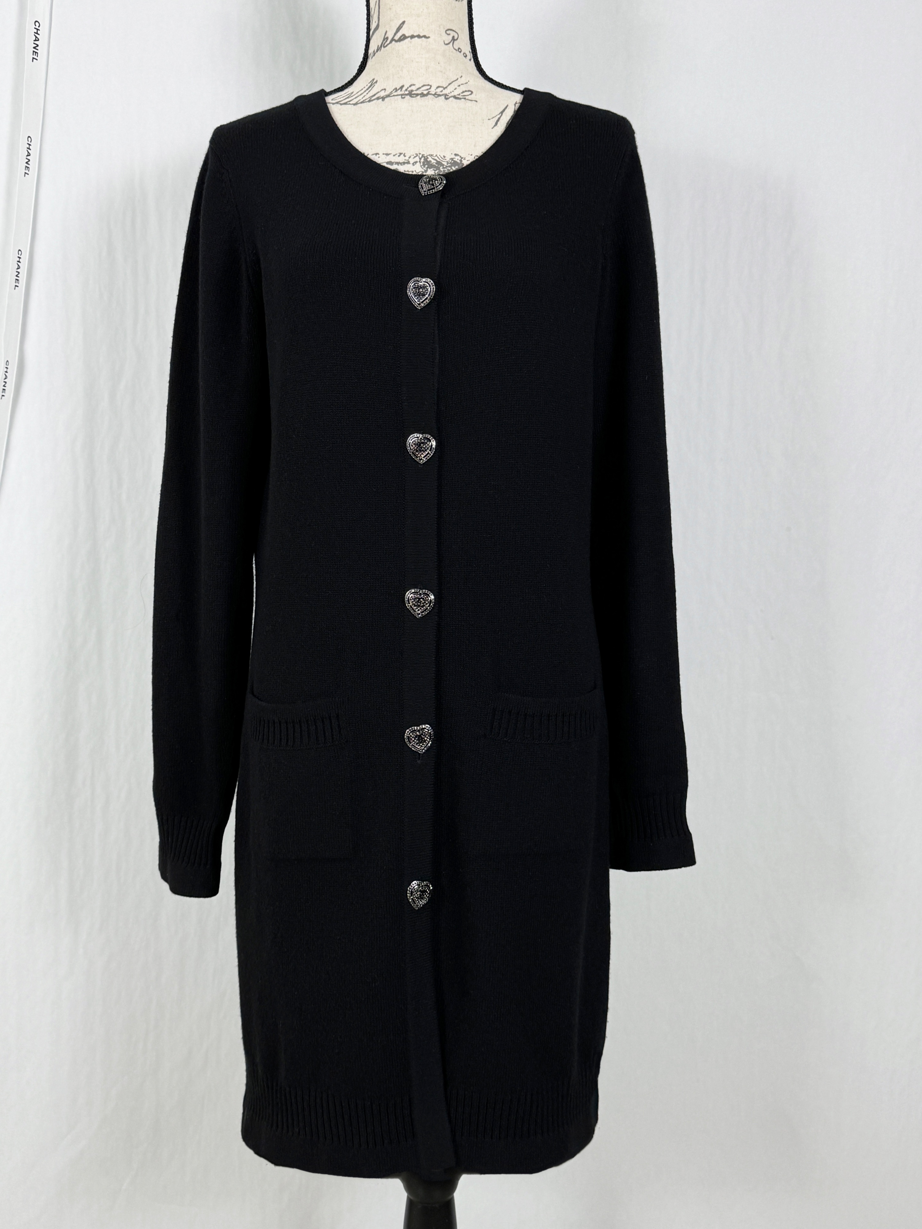 Chanel Black Cashmere Cardigan with Heart Button Detail Size M