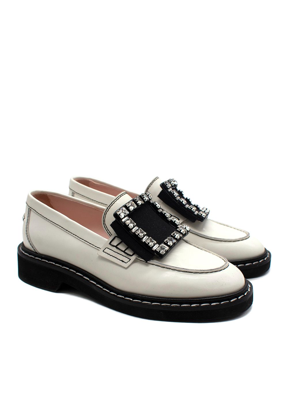 Roger Vivier White Leather Viv' Rangers Strass Buckle Loafers Size 37 black / white brushed leather