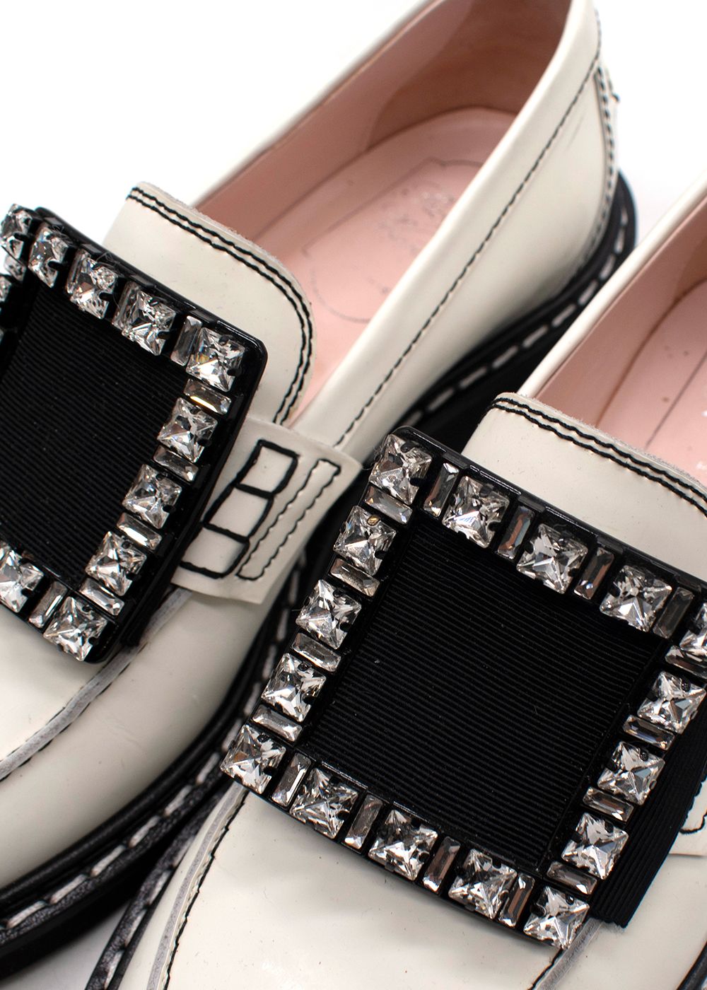 Roger Vivier White Leather Viv' Rangers Strass Buckle Loafers Size 37 black / white brushed leather