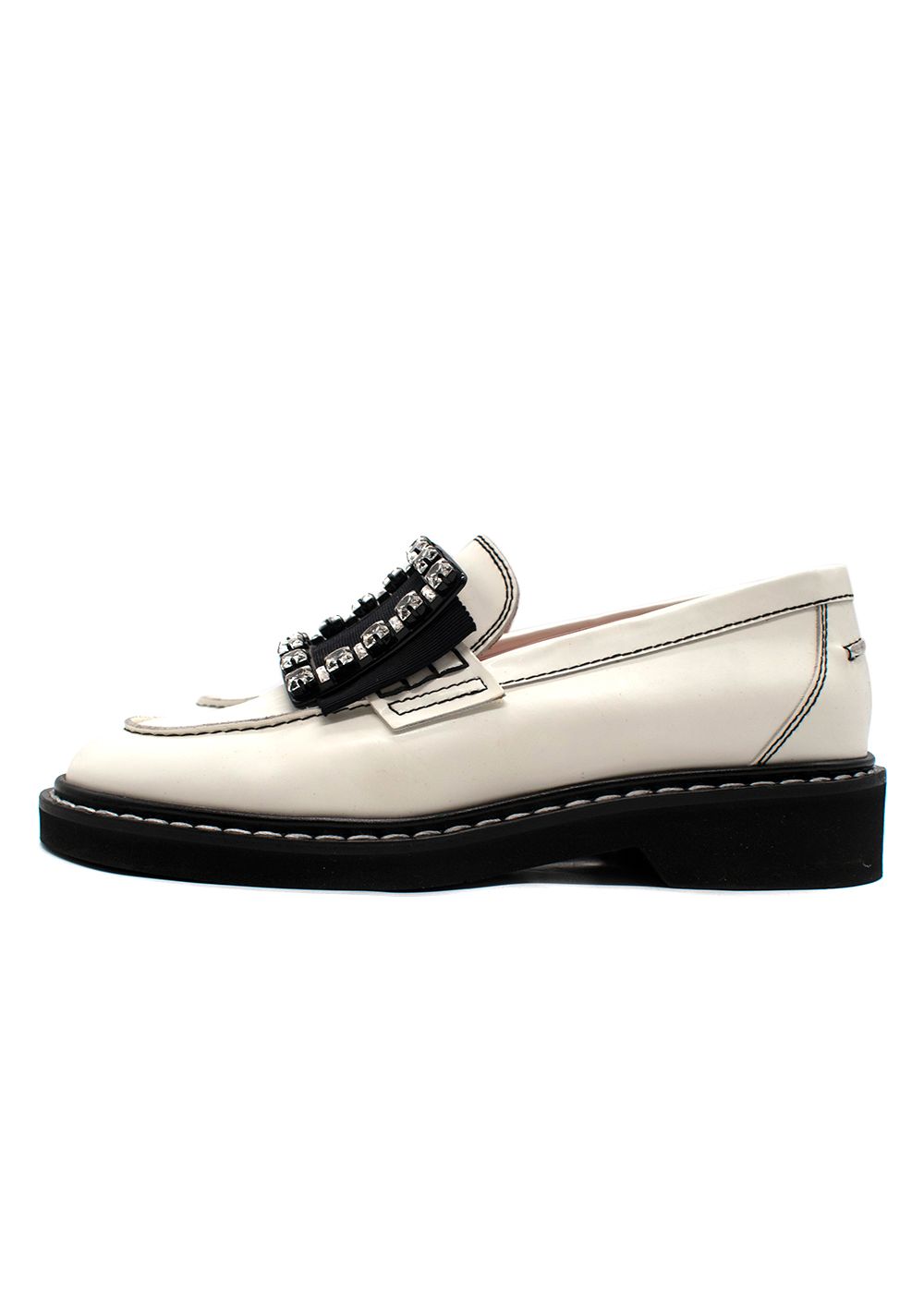 Roger Vivier White Leather Viv' Rangers Strass Buckle Loafers Size 37 black / white brushed leather