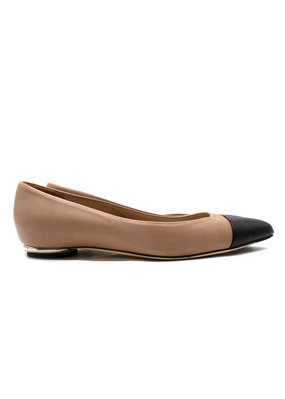 Preowned Chanel Lambskin Coco Line Pointed Toe Ballerina Flats Size 37.5 nude /  black lambskin leather