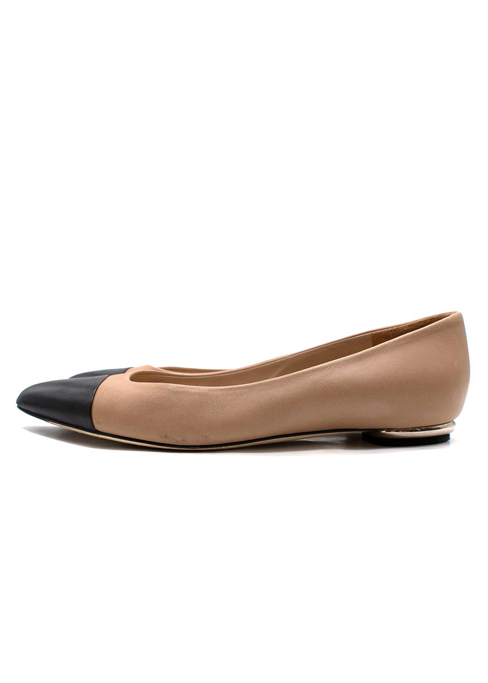 Preowned Chanel Lambskin Coco Line Pointed Toe Ballerina Flats Size 37.5 nude /  black lambskin leather