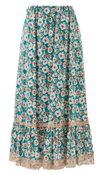 Preowned Gucci Lace Trimmed Floral Midi Skirt Size L Blue acetate/silk/trim