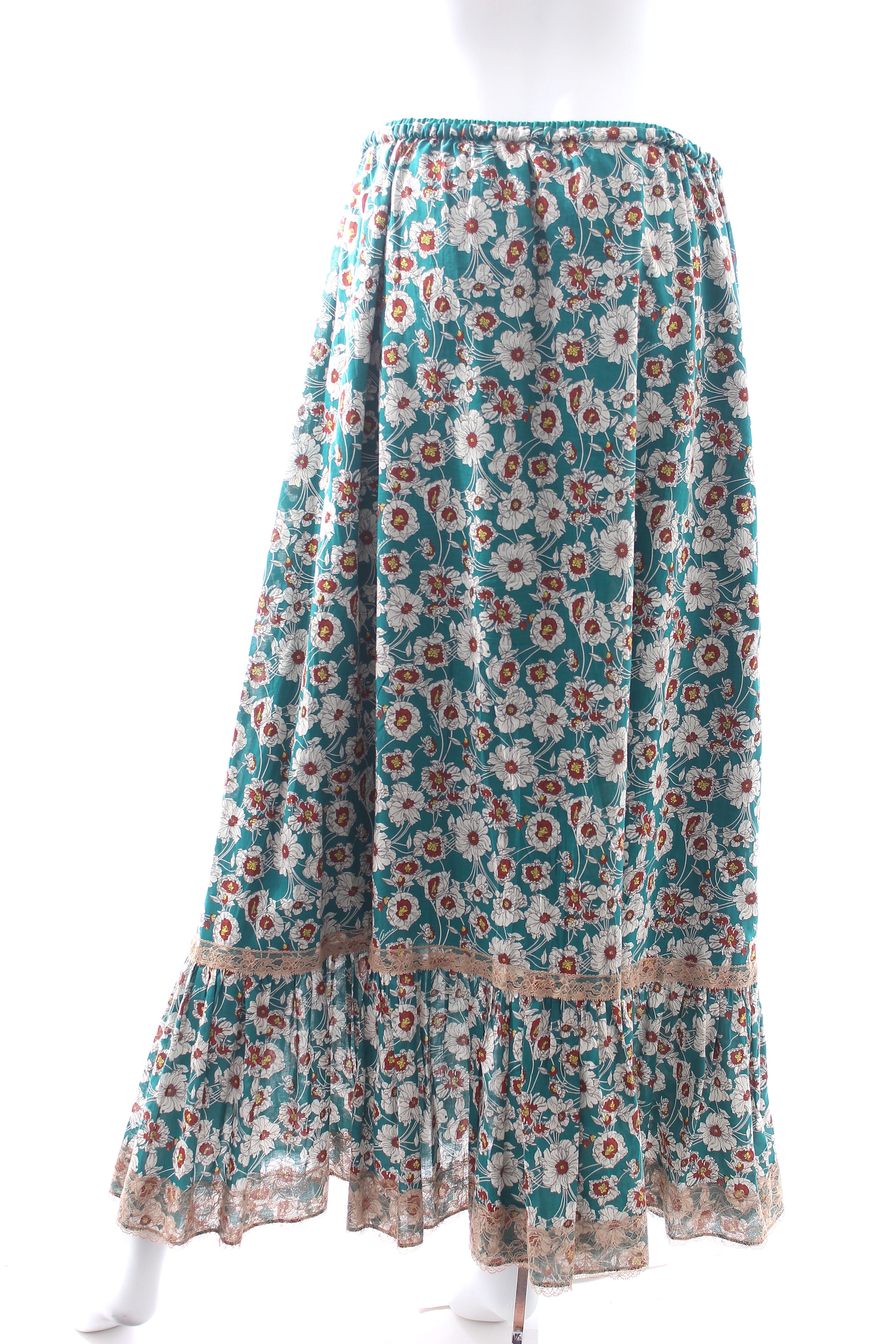 Preowned Gucci Lace Trimmed Floral Midi Skirt Size L Blue acetate/silk/trim