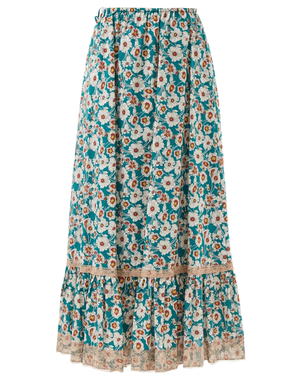 Preowned Gucci Lace Trimmed Floral Midi Skirt Size L Blue acetate/silk/trim