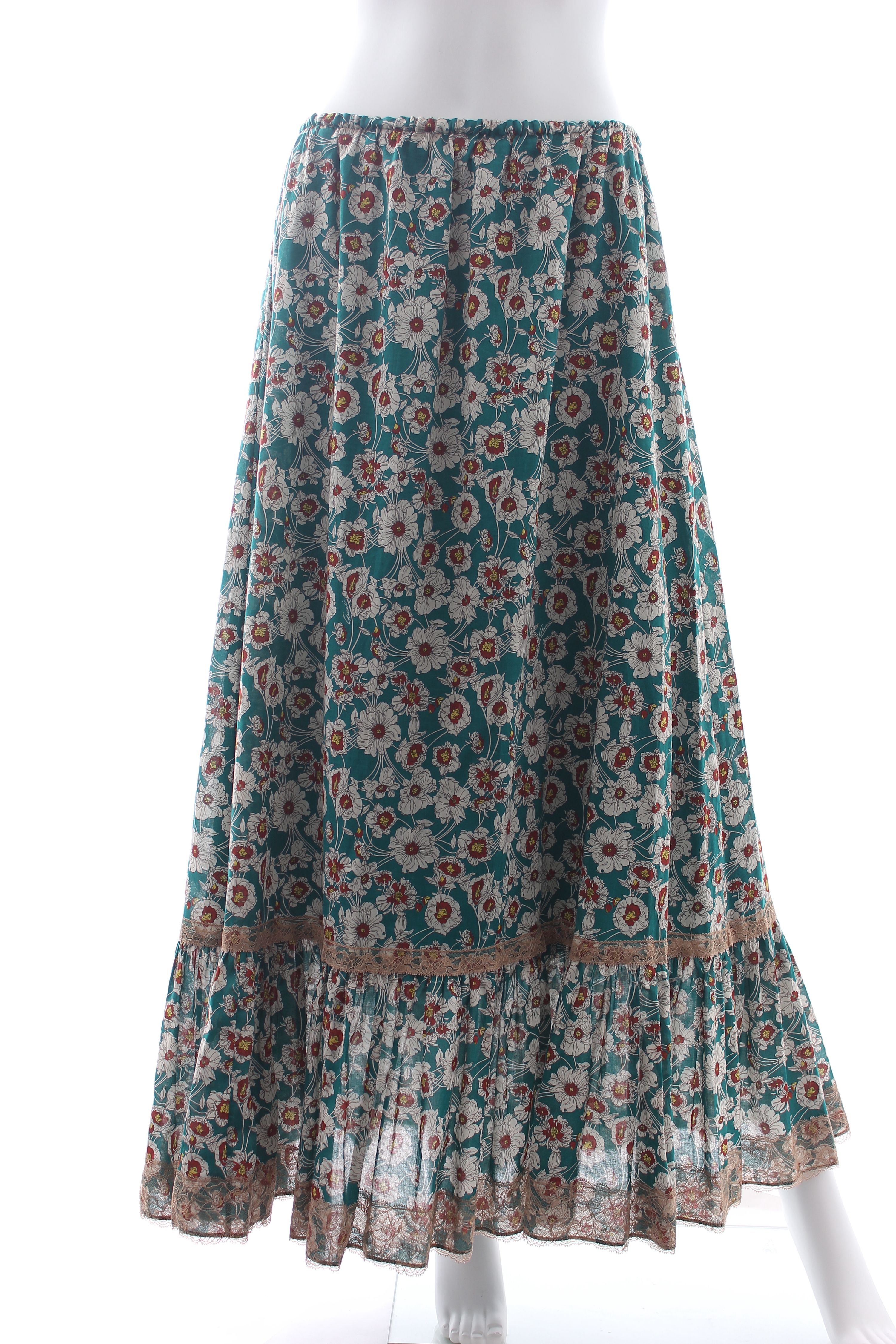 Preowned Gucci Lace Trimmed Floral Midi Skirt Size L Blue acetate/silk/trim