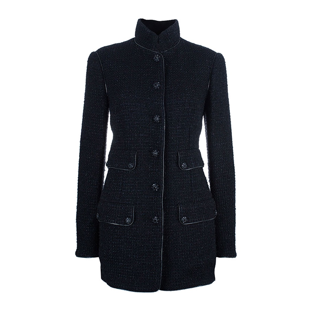 Preowned Chanel Black High Neck Tweed Jacket Size S