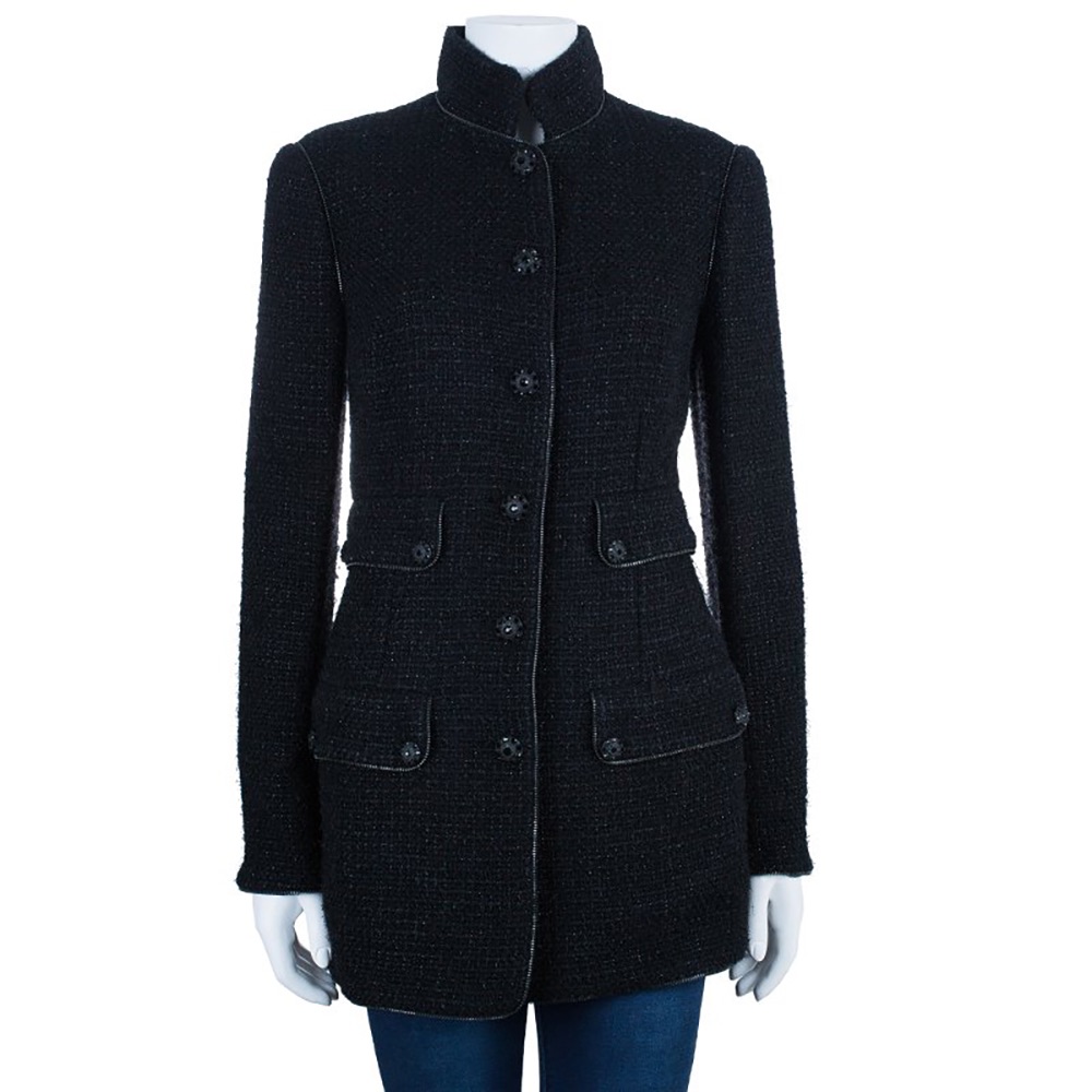 Preowned Chanel Black High Neck Tweed Jacket Size S