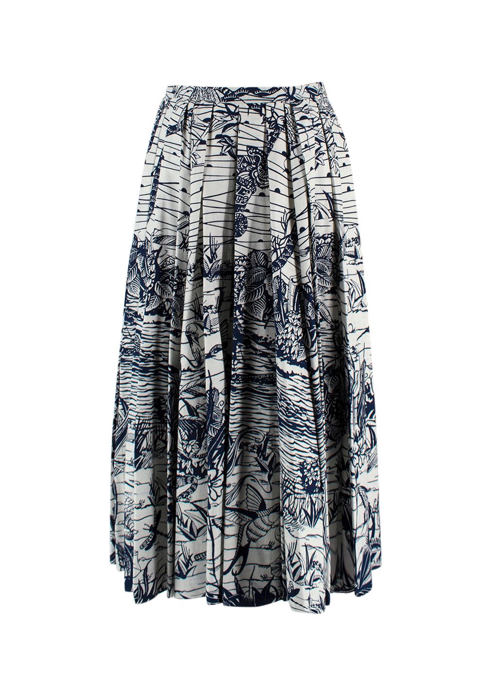 Dior Navy Printed Pleated Maxi Skirt Size XS White/ Blue cotton