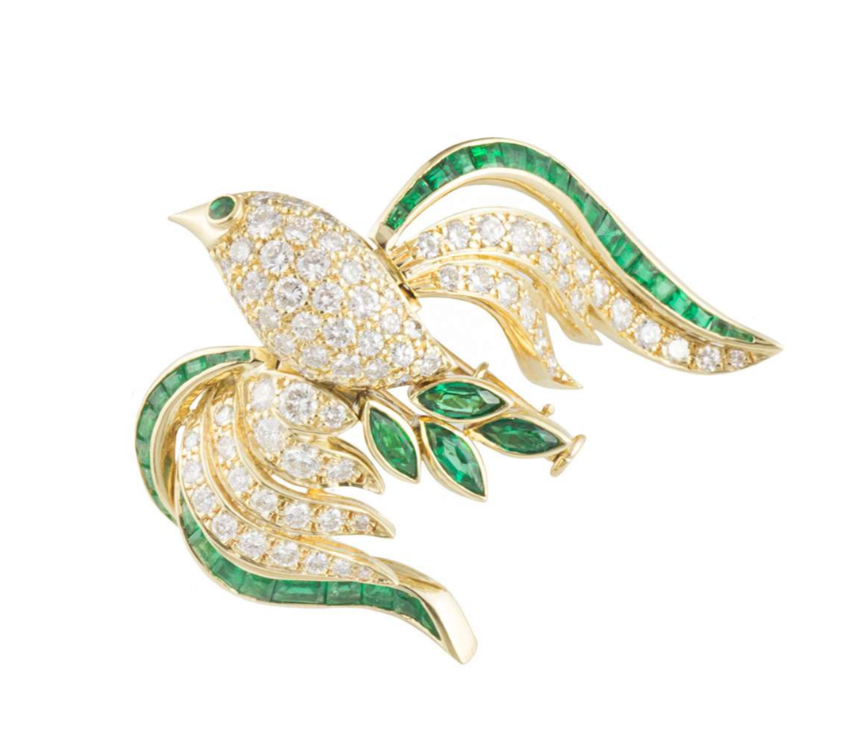 Preowned Bespoke Yellow Gold Bird Brooch with Emeralds  Diamonds