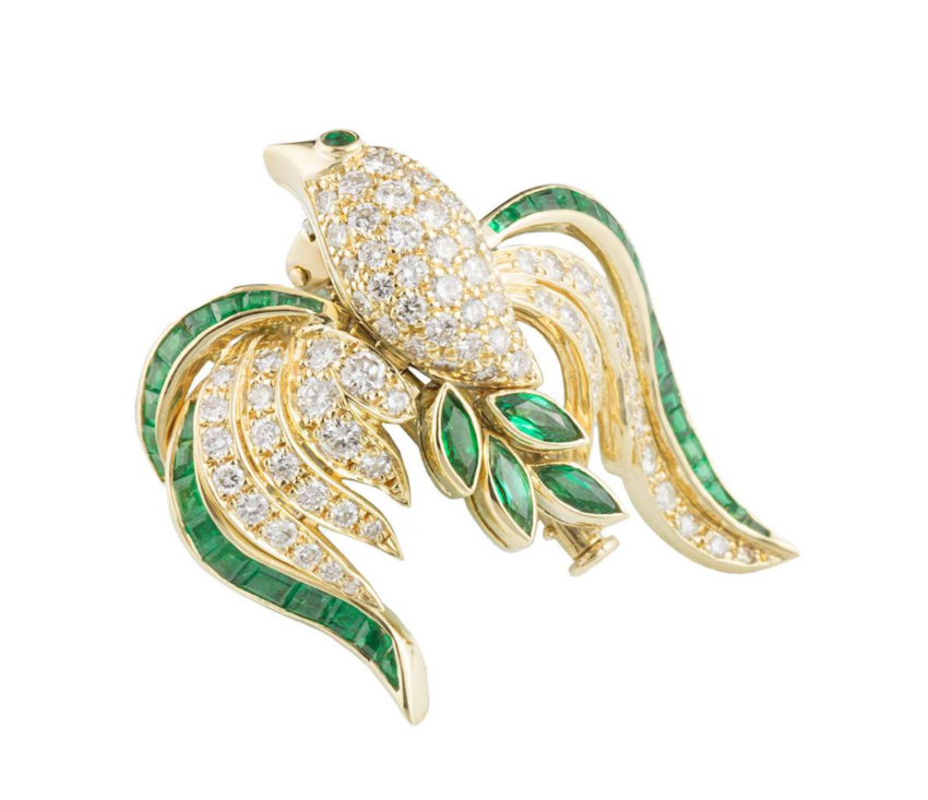 Preowned Bespoke Yellow Gold Bird Brooch with Emeralds  Diamonds