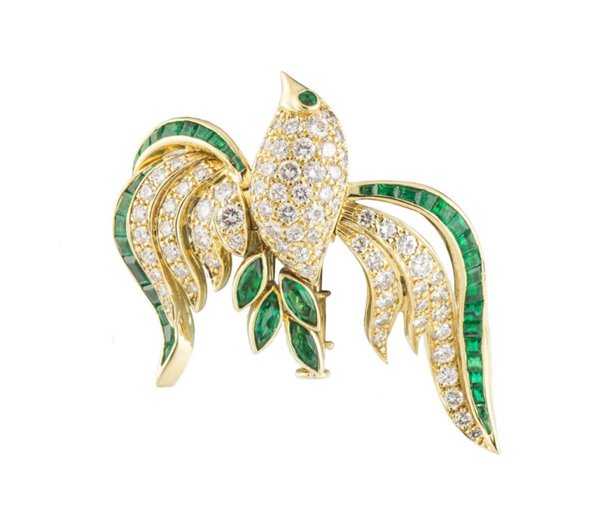 Preowned Bespoke Yellow Gold Bird Brooch with Emeralds  Diamonds