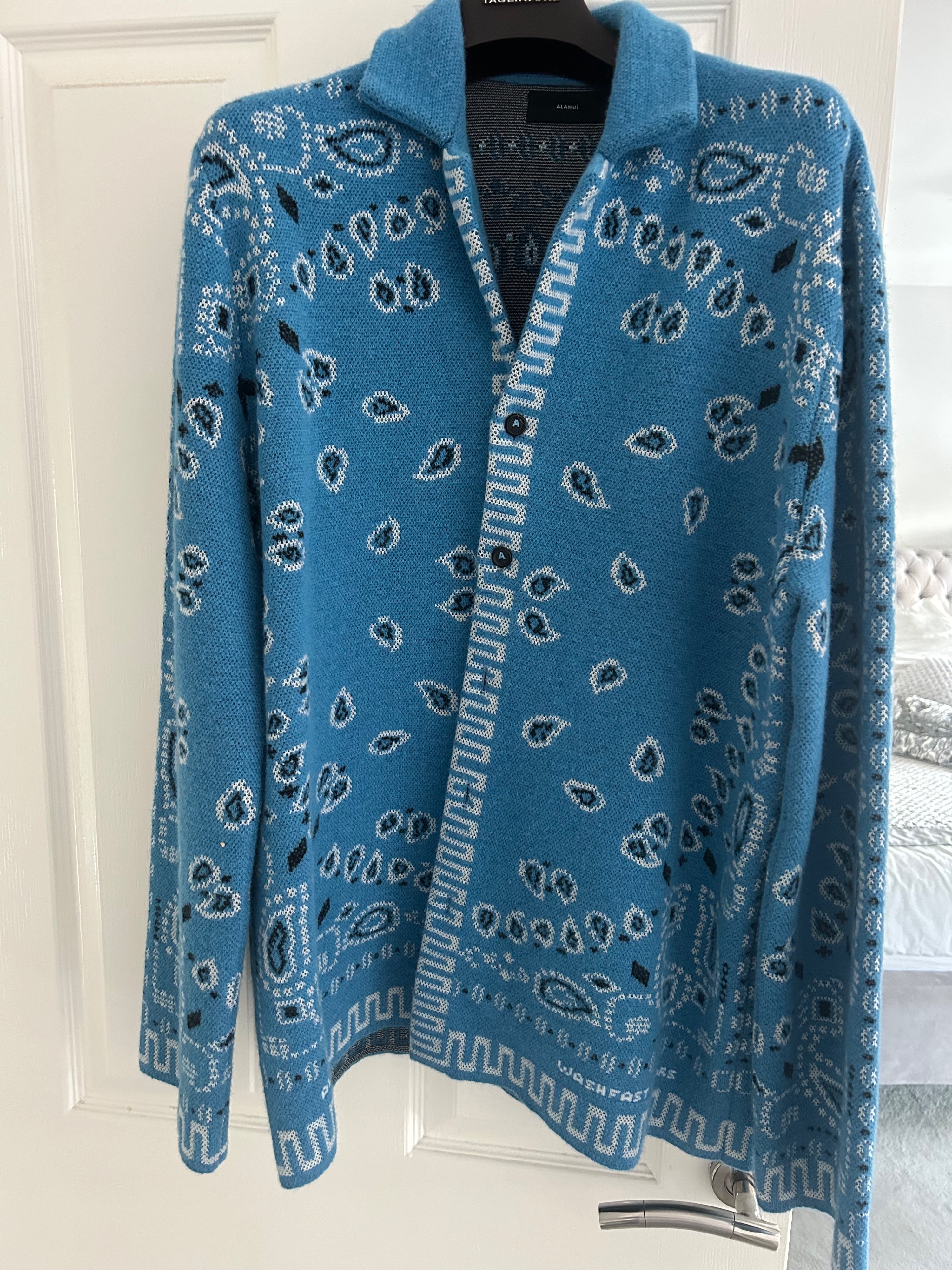 Men's Preowned Alanui Blue Bandana Print Wool Cardigan Size M Blue/white wool/alpaca