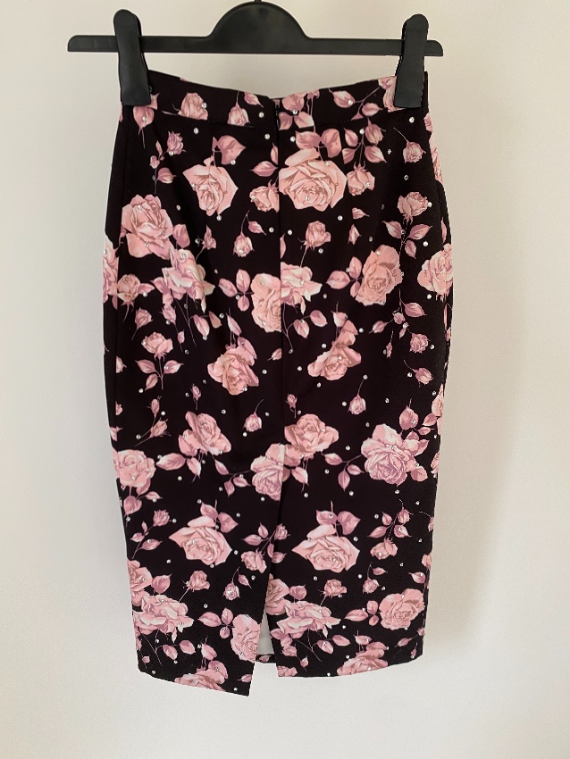 Alessandra Rich Brown  Pink Roses Print Pencik Skirt Size XS Tan/Brown polyester