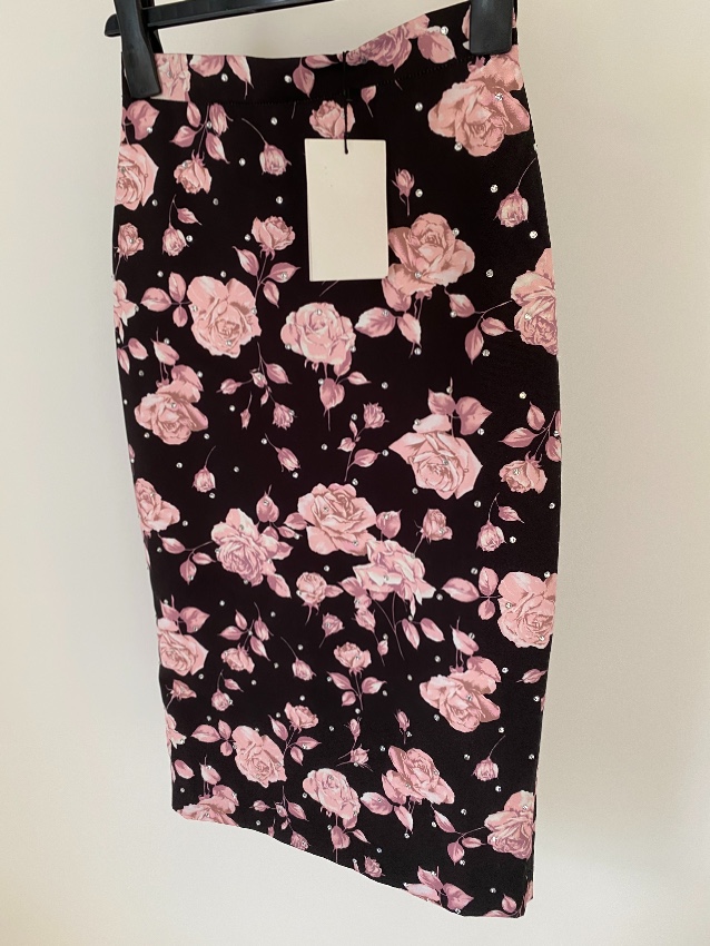 Alessandra Rich Brown  Pink Roses Print Pencik Skirt Size XS Tan/Brown polyester