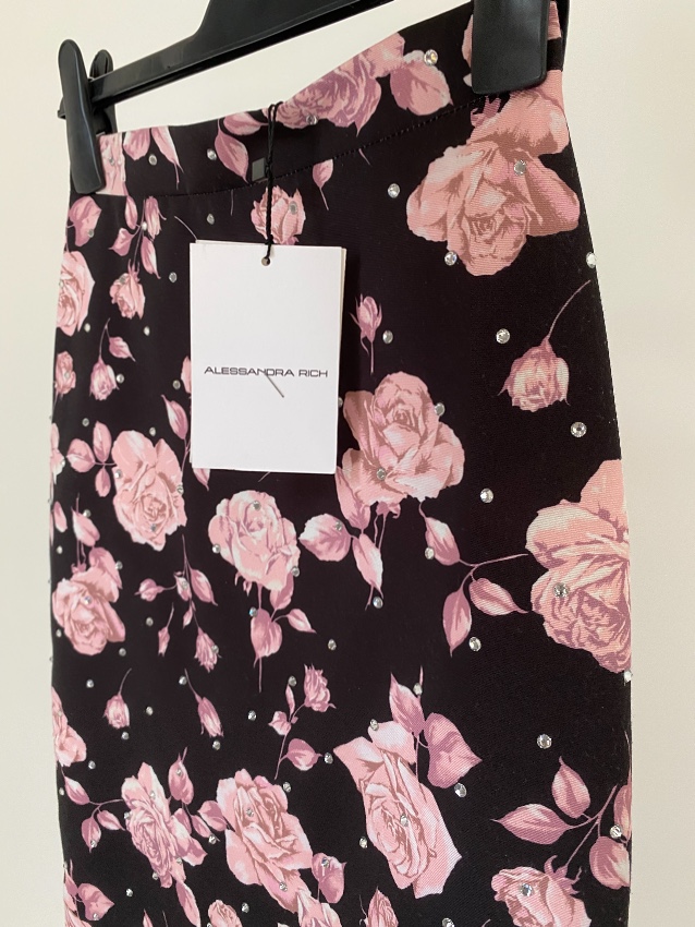 Alessandra Rich Brown  Pink Roses Print Pencik Skirt Size XS Tan/Brown polyester