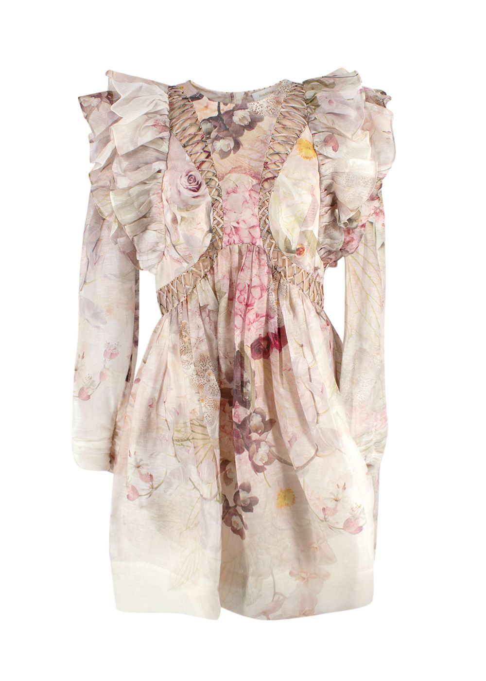 Zimmermann Dancer Ruffled Bead-Embellished Floral-Print Linen And Silk-Blend Organza Mini Dress Size M pink, cream, sage