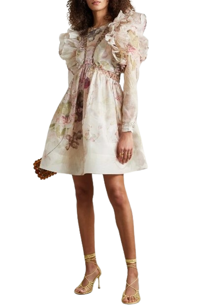 Zimmermann Dancer Ruffled Bead-Embellished Floral-Print Linen And Silk-Blend Organza Mini Dress Size M pink, cream, sage